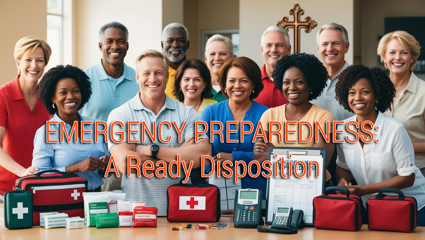 group of people with emergency supplies and text Emergency Preparedness: A Ready Disposition