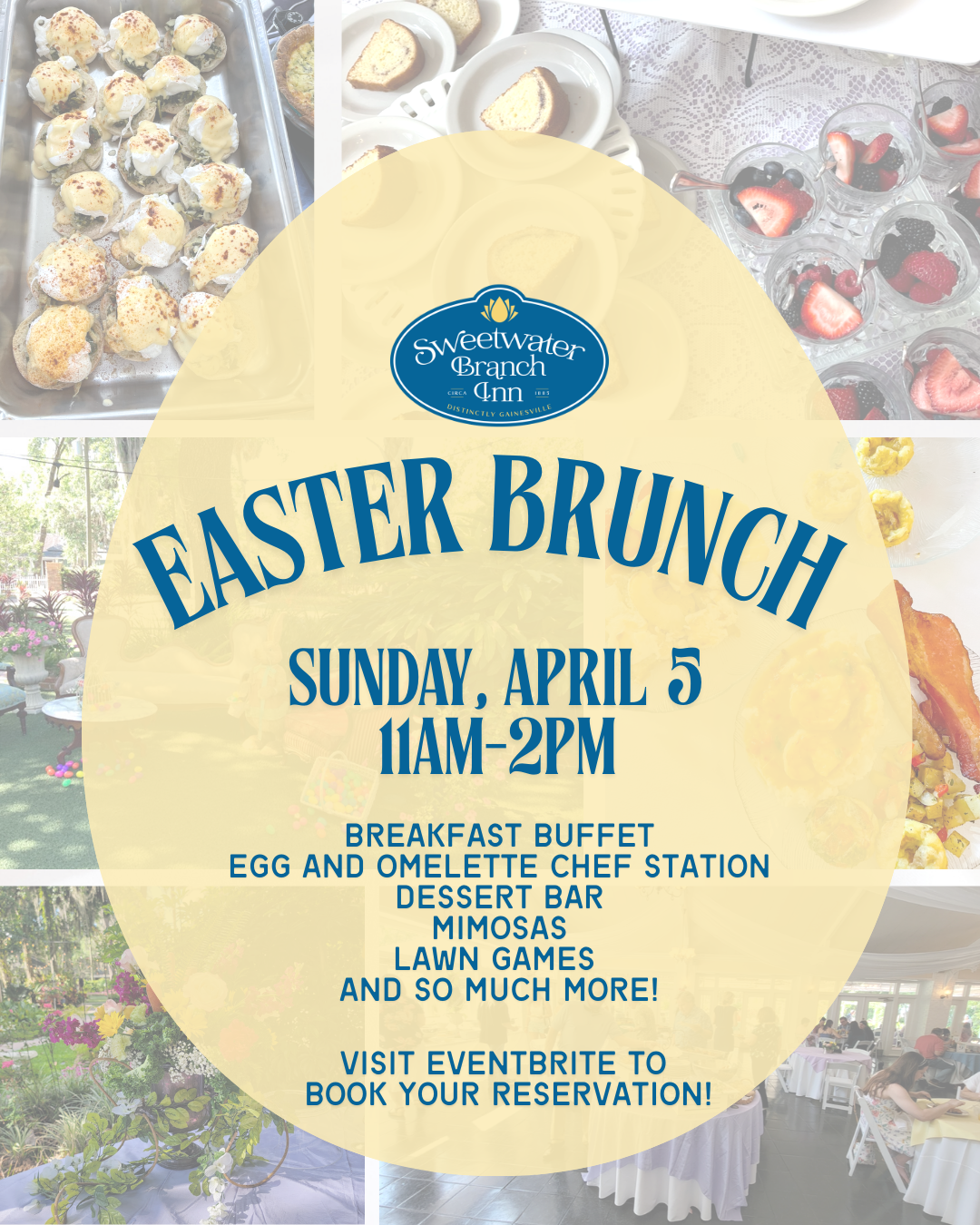 Gainesville Easter Brunch shows a buffet full of food choices with large letters that says Easter Brunch