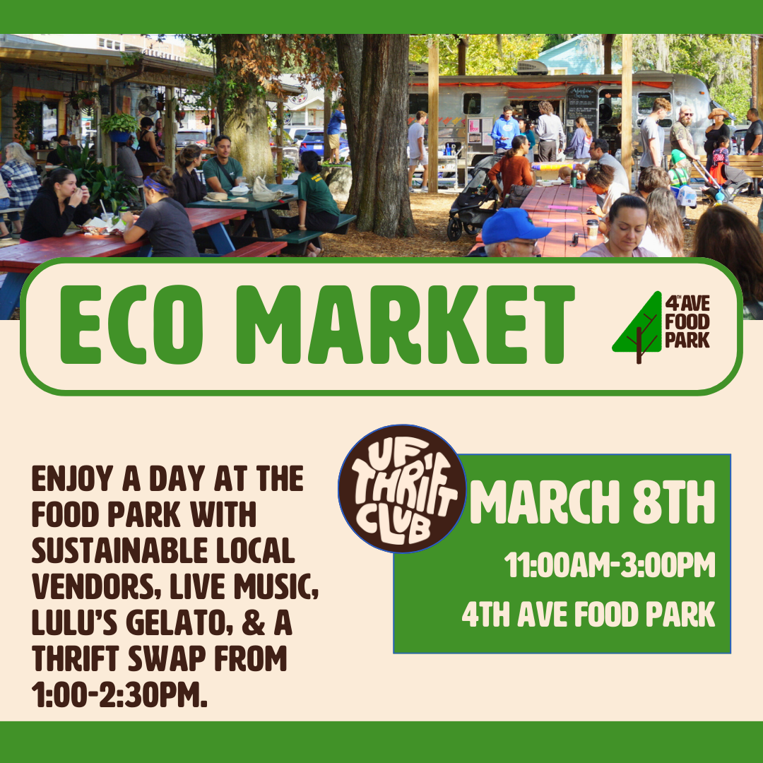 Eco Market poster that says Enjoy a day at the Food Park with sustainable local vendors, live music, Lulu’s Gelato & a Thrift Swap from 1:00-2:30pm. March 8th 11am-3pm with an image of people shopping at the marketplace