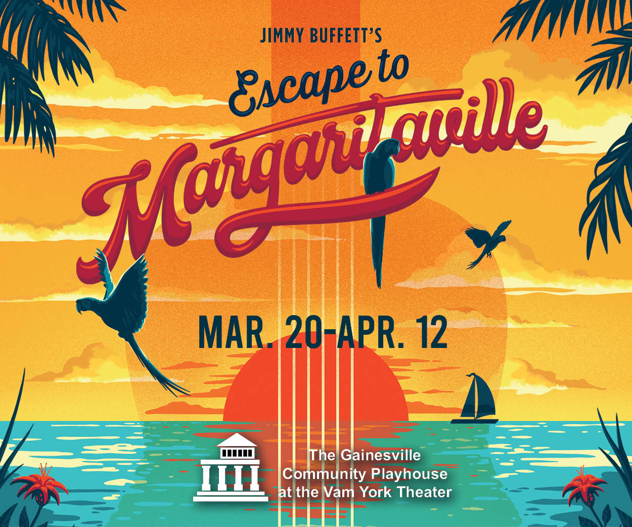 Jimmy Buffett's Escape to Margaritaville Musical poster featuring a sunset over the ocean