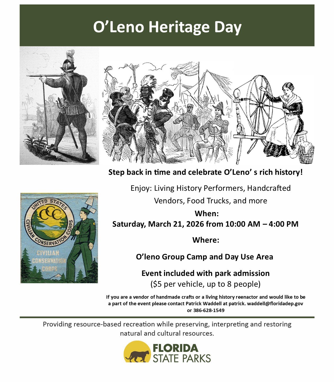 O'Leno Heritage Day poster showcases historical illustrations of people on the land at O'Leno State Park