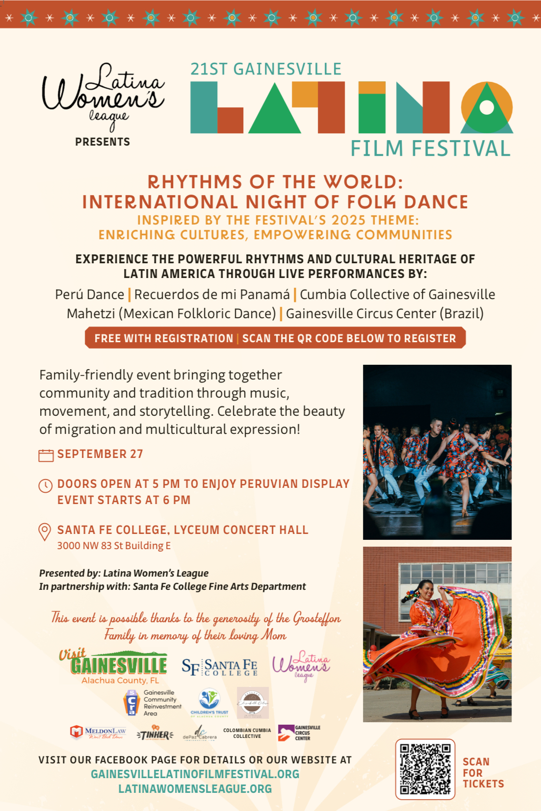This is the poster for International Folk Dances organized by Latina Women’s League during the Gainesville Latino Film Festival.for the events that Latina Women’s League has organized for the Hispanic Heritage Month. Is is a multi venue event that it last three weeks and a half: September 11th through the 28th.
