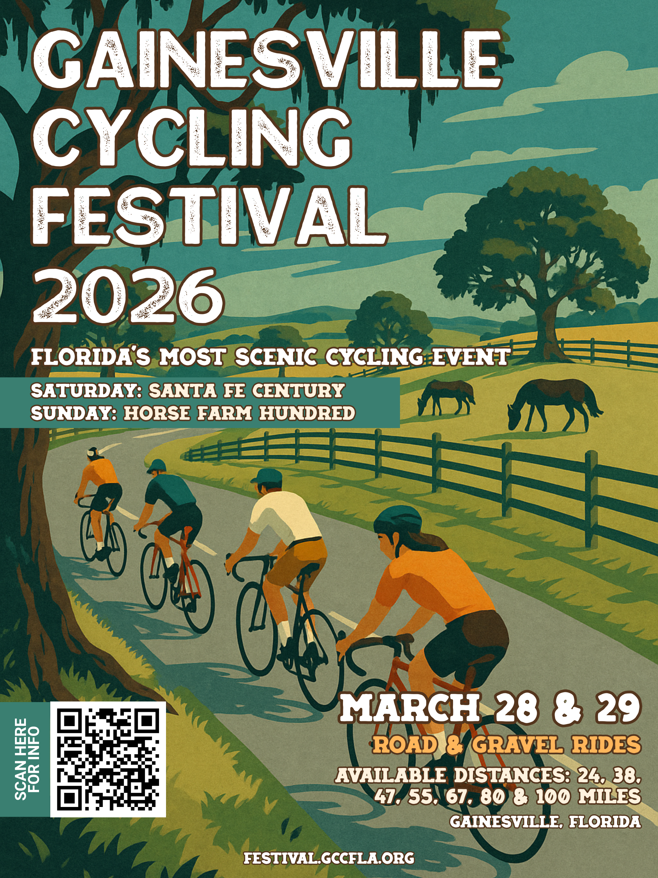 The image is a promotional poster for the Gainesville Cycling Festival 2026. The background features a stylized countryside scene with several cyclists riding along a curving road surrounded by grass, trees, and wooden fences. In the distance, there are horses grazing. The scene is depicted in a retro, illustrative style with muted greens, blues, and oranges. Large white text at the top of the poster announces the festival. Additional text provides details about the event, including dates and types of rides. A QR code is placed in the bottom left corner with a teal background.