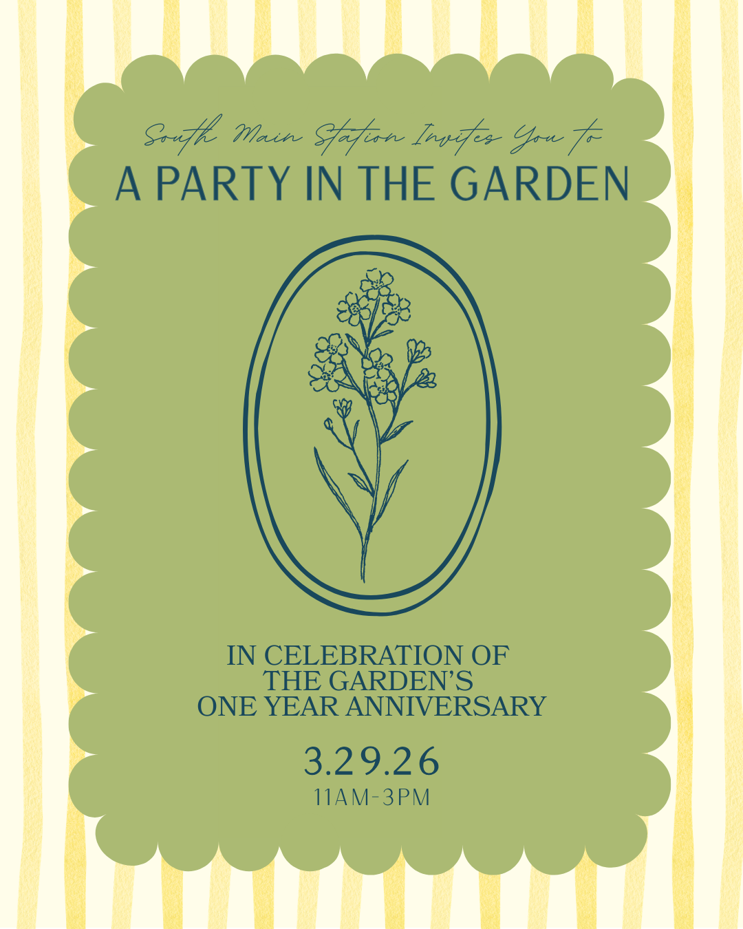 Green graphic with an illustration of a flower that says a party in the garden
