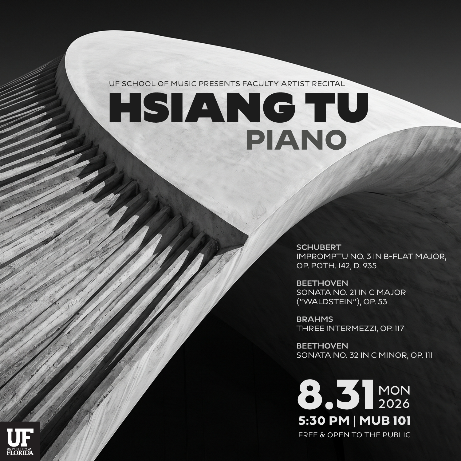 Poster for UF School of Music Presents Faculty Artist Recital: Hsiang Tu Piano Recital
