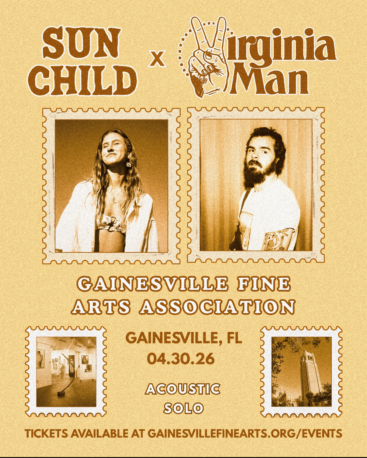Sun Child and Virginia Man poster with images of them in the form of a postage stamp