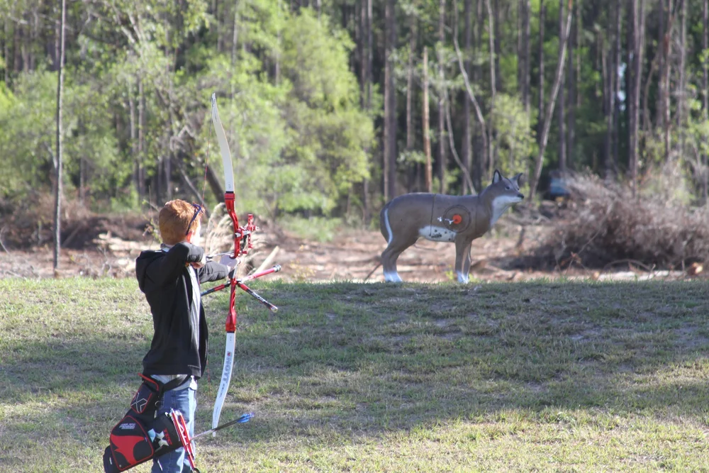 Precision 3D Challenge image with a person holding a bow aiming an arrow at a target practice deer
