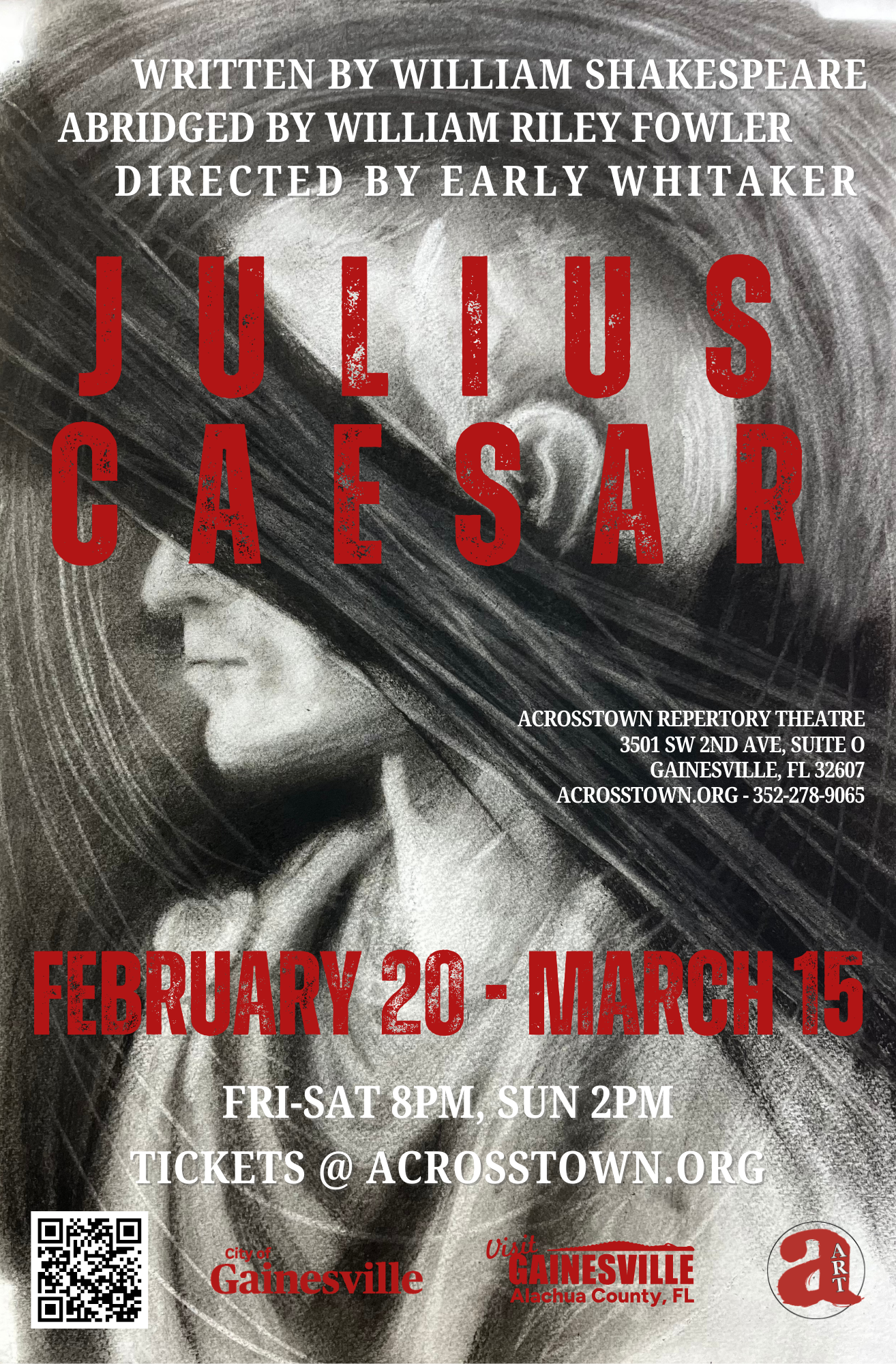 An illustration of Julius Caesar on the cover of a promotional poster for a play in Gainesville, Florida