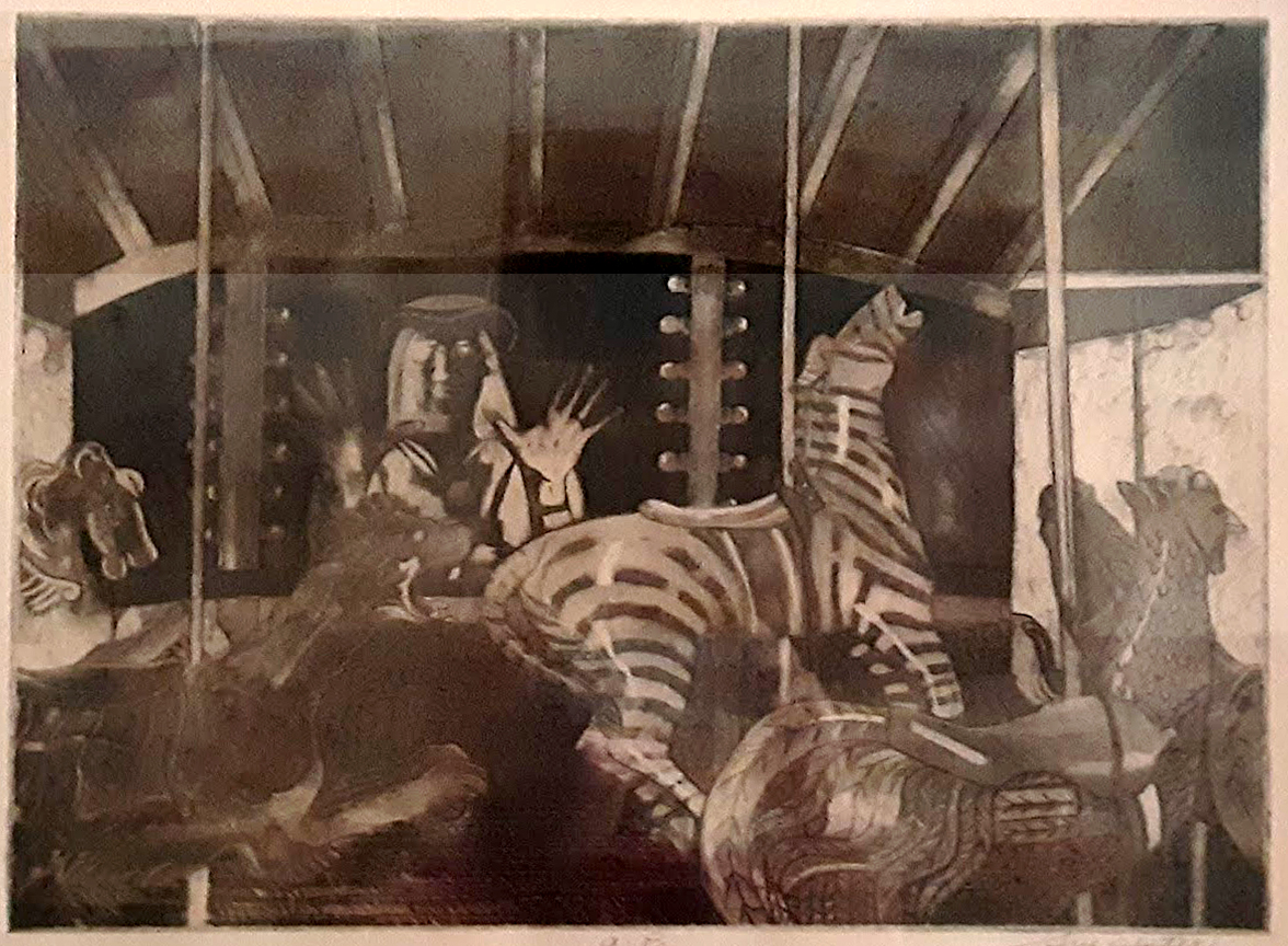art print of animals on a carousel ride