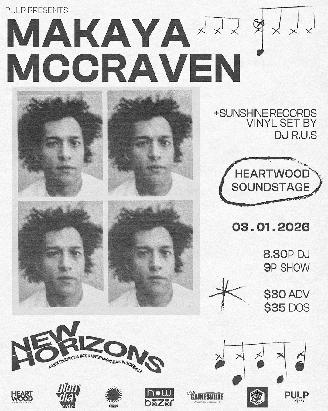 Four black and white photos of Makaya McCraven with text sharing the date and time of a show in Gainesville, Florida, as well as producer and location information