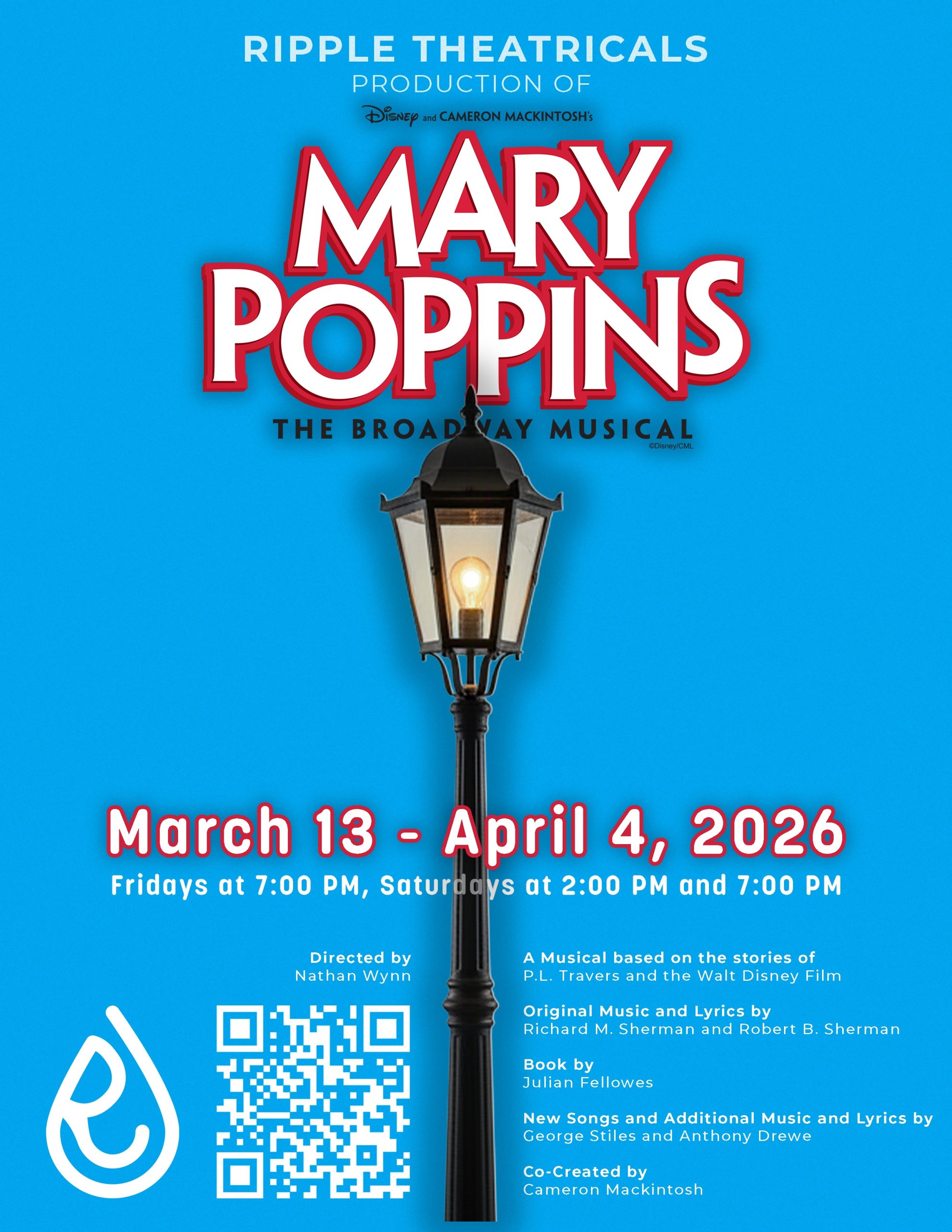 Mary Poppins Musical Poster with blue background and a street lamp