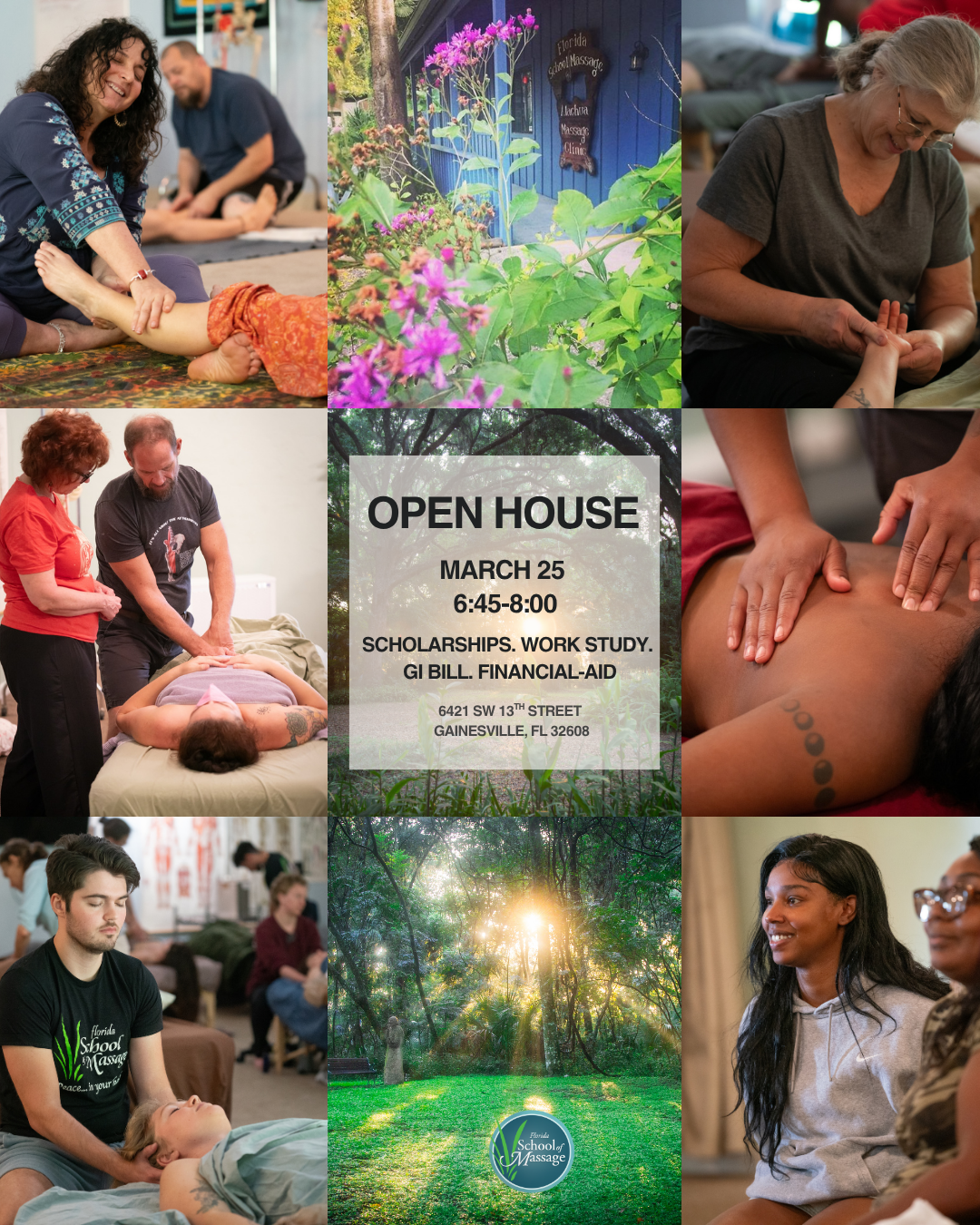 Gainesville school of massage poster with the image broken up into 9 parts with different scenes of people getting a massage