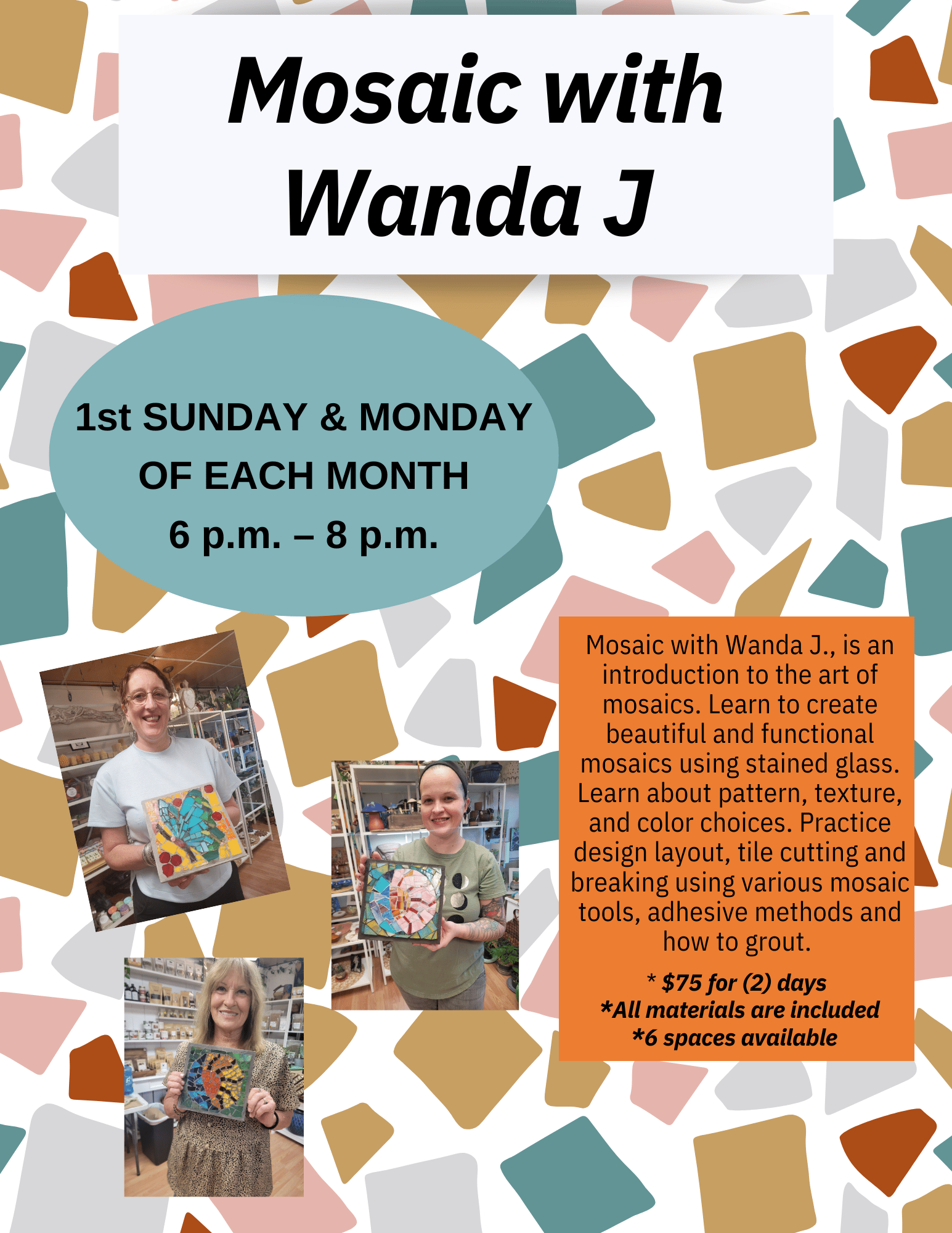 Poster for Mosaic Workshop with Joffee Creations at Unique Notions