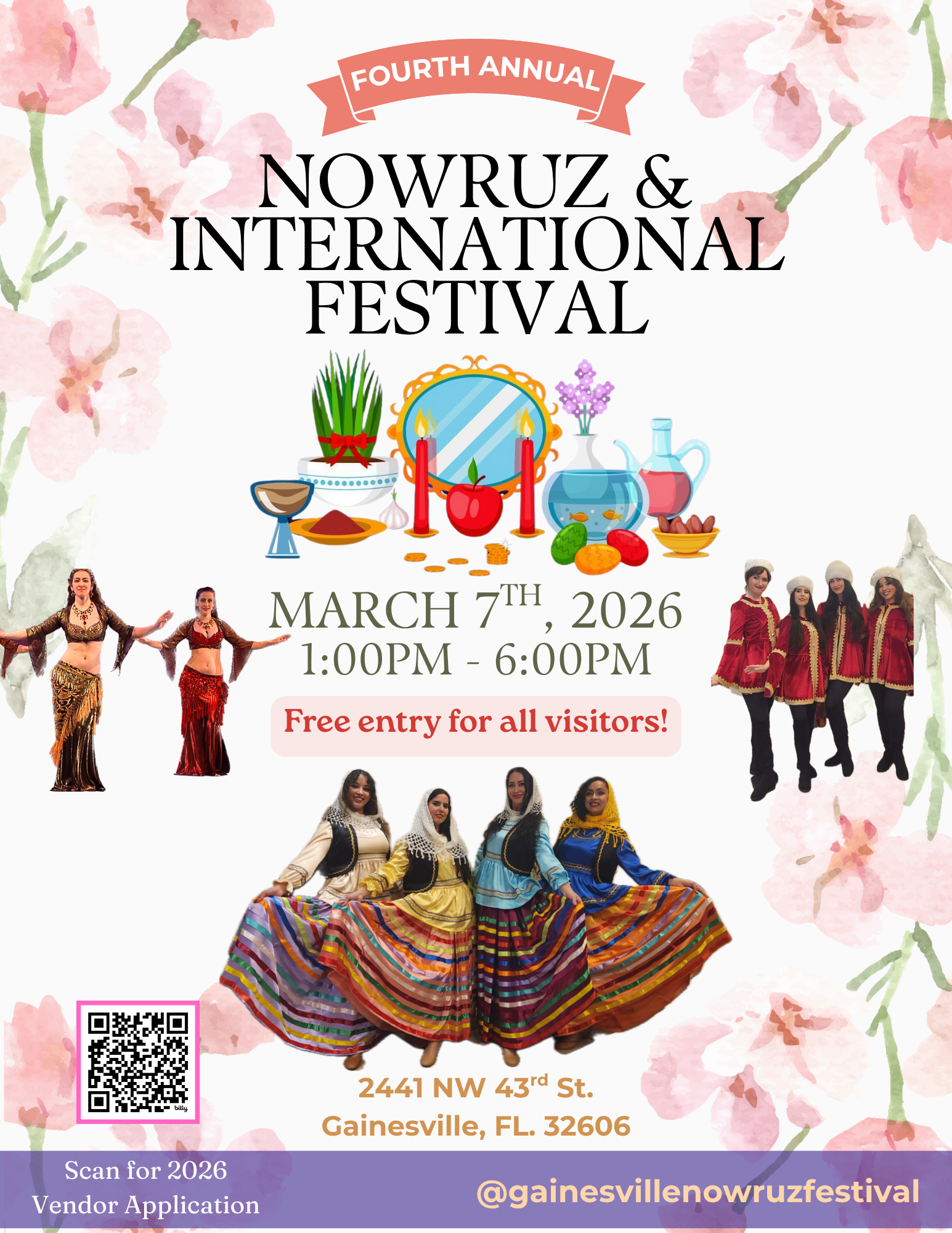 2026 Nowruz and International Festival poster with dancers wearing long cultural skirts