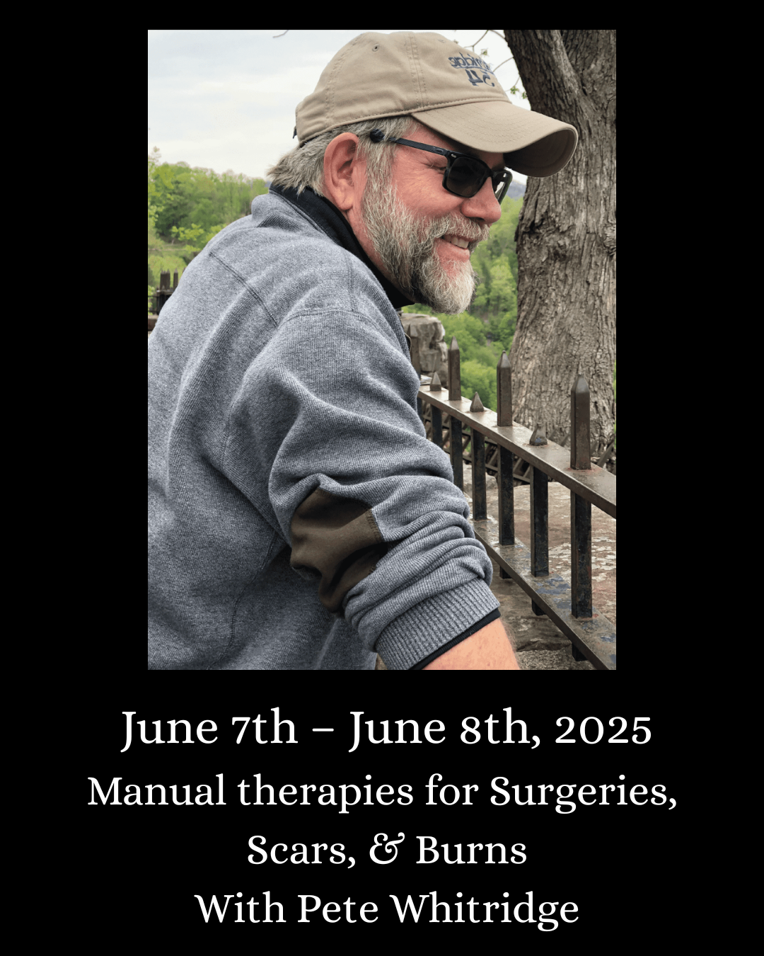 Massage therapy workshop poster with photo of instructor
