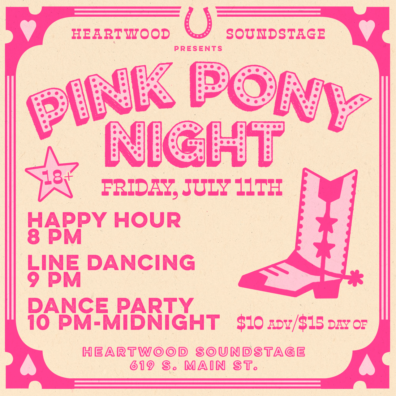 Pink Pony Night flyer with cowgirl boot