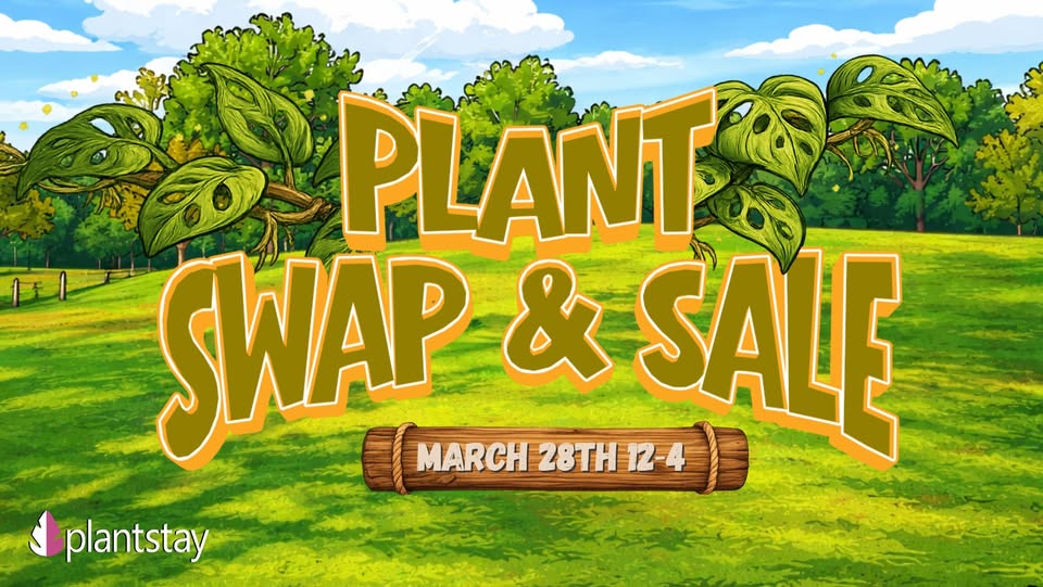 Spring Plant Swap and Sale with a cartoon style background showing green grass and plants