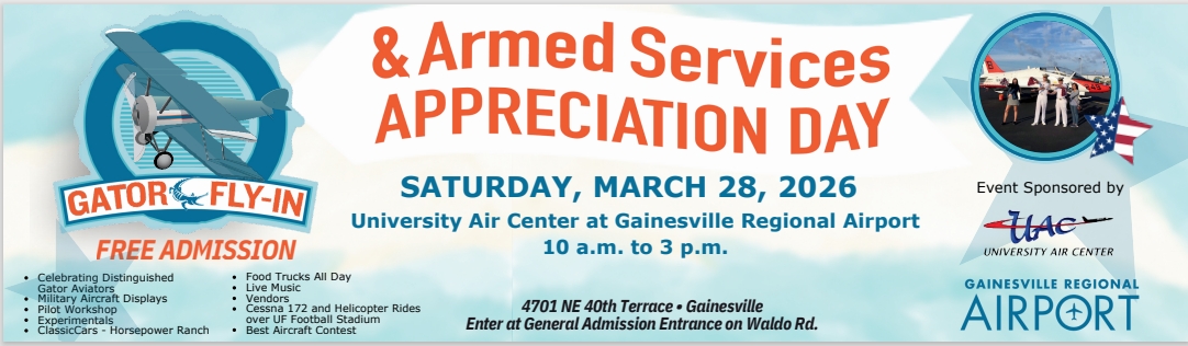 Gator Fly In and Armed Services Appreciation Day poster with a blue sky and clouds