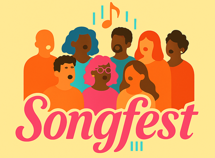 illustration of a choir of many colors singing and the words Songfest 2026 showcased in pink letters.
