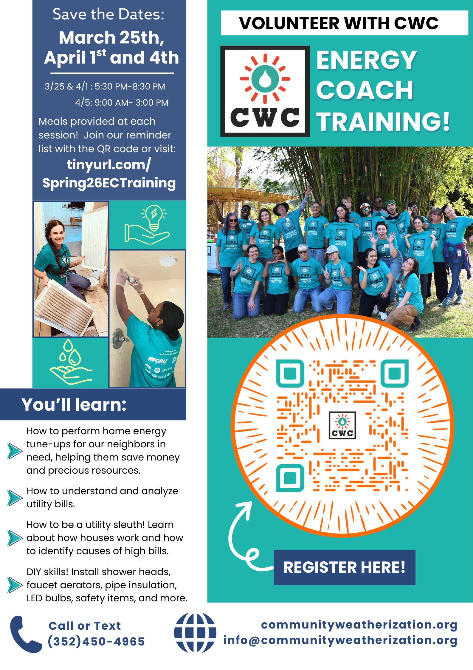 Community Weatherization Coalition Spring 2026 Training Poster featuring a group of people that have been trained with a QR code to sign up to learn more.