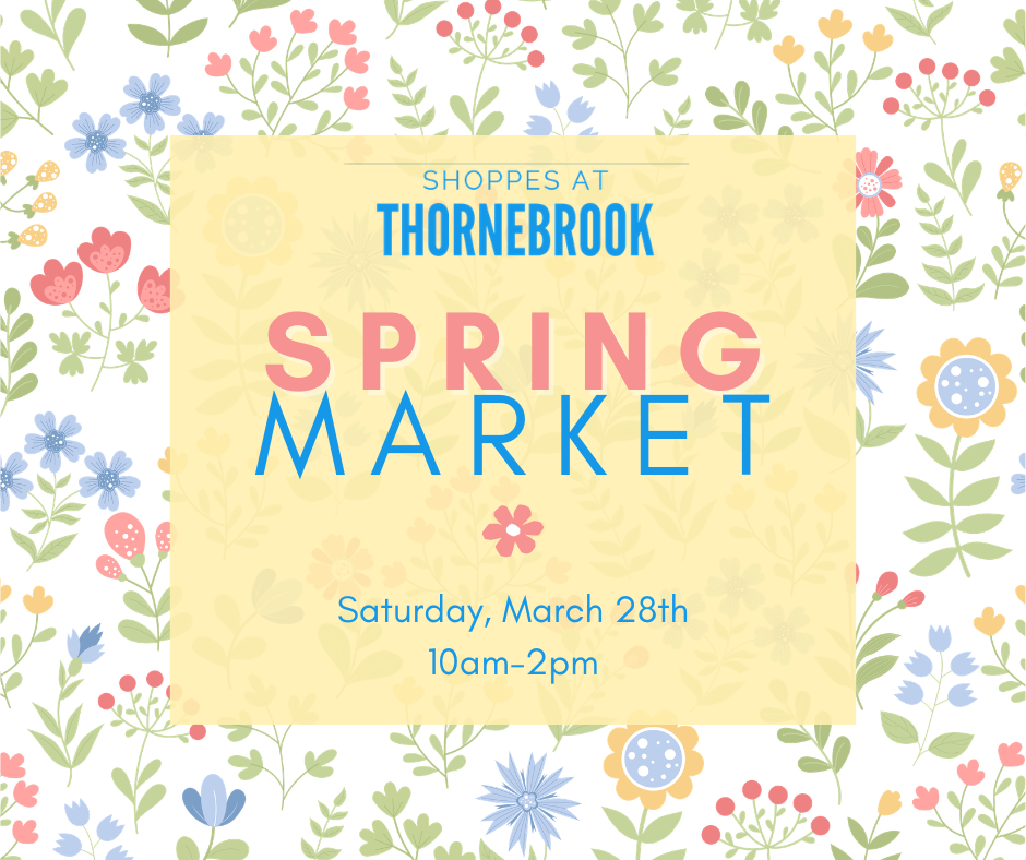 a confetti of flowers in the background with the name Spring Market in the center