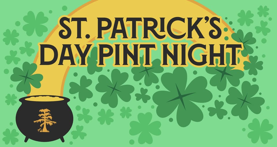 St. Patrick's Day Pint Night with 4 leaf clovers and a gold arch going to a pot of gold