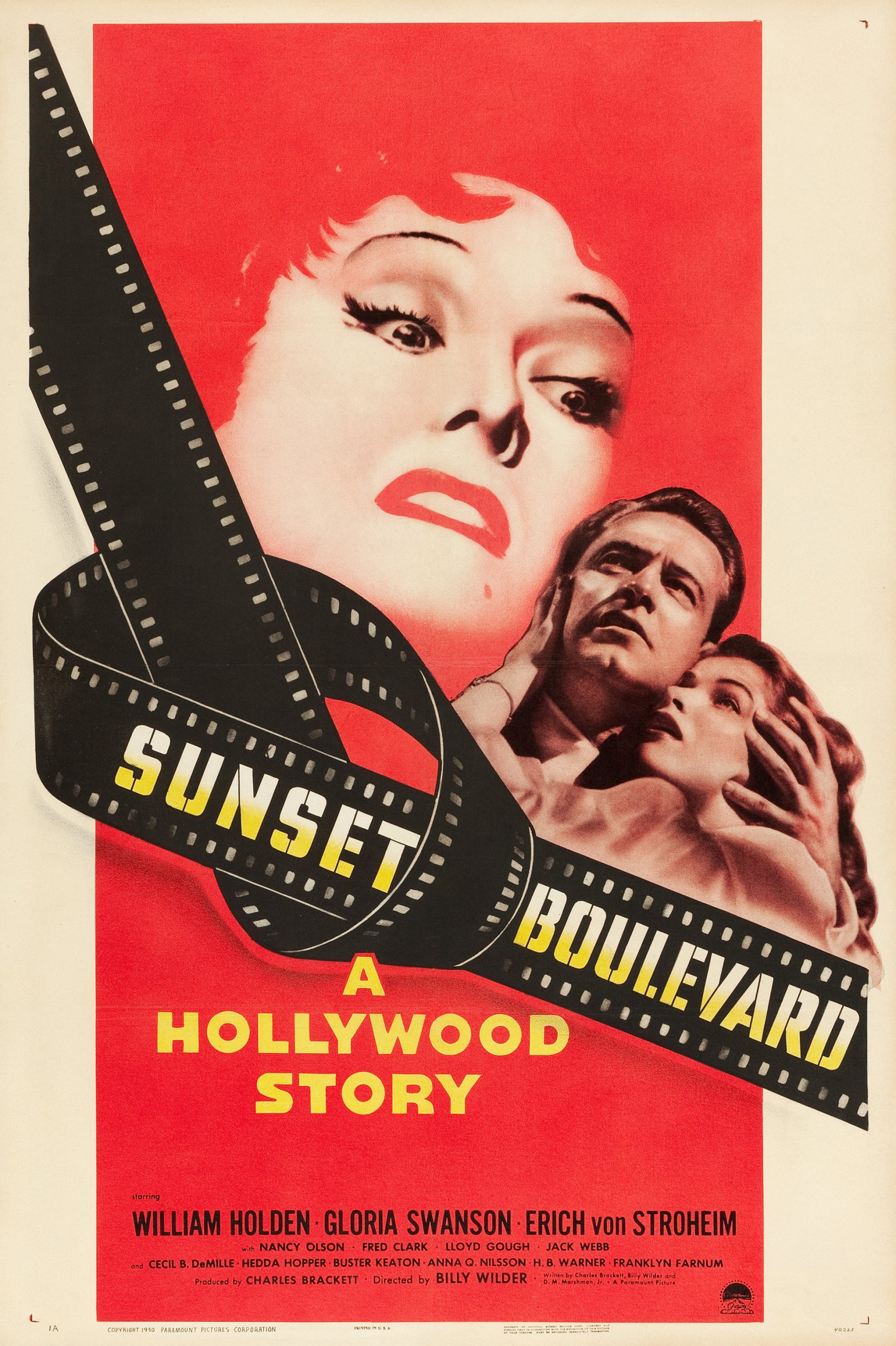 Sunset Boulevard poster features a man and woman embracing looking up at another woman with a serious look on her face. A Hollywood Story is in yellow text at the bottom.