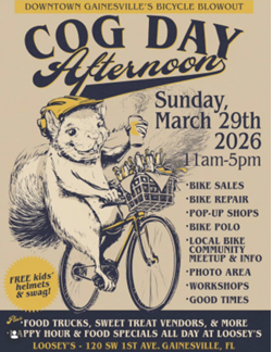 Illustration of a squirrel riding a bike with a helmet holding a hot beverage