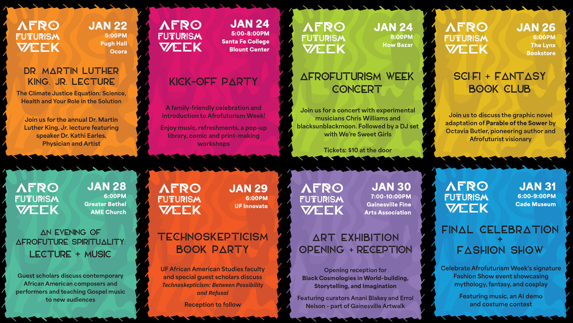 Multi-colored tiles showing all of the Afrofuturism Week Events. There are 8 events total.