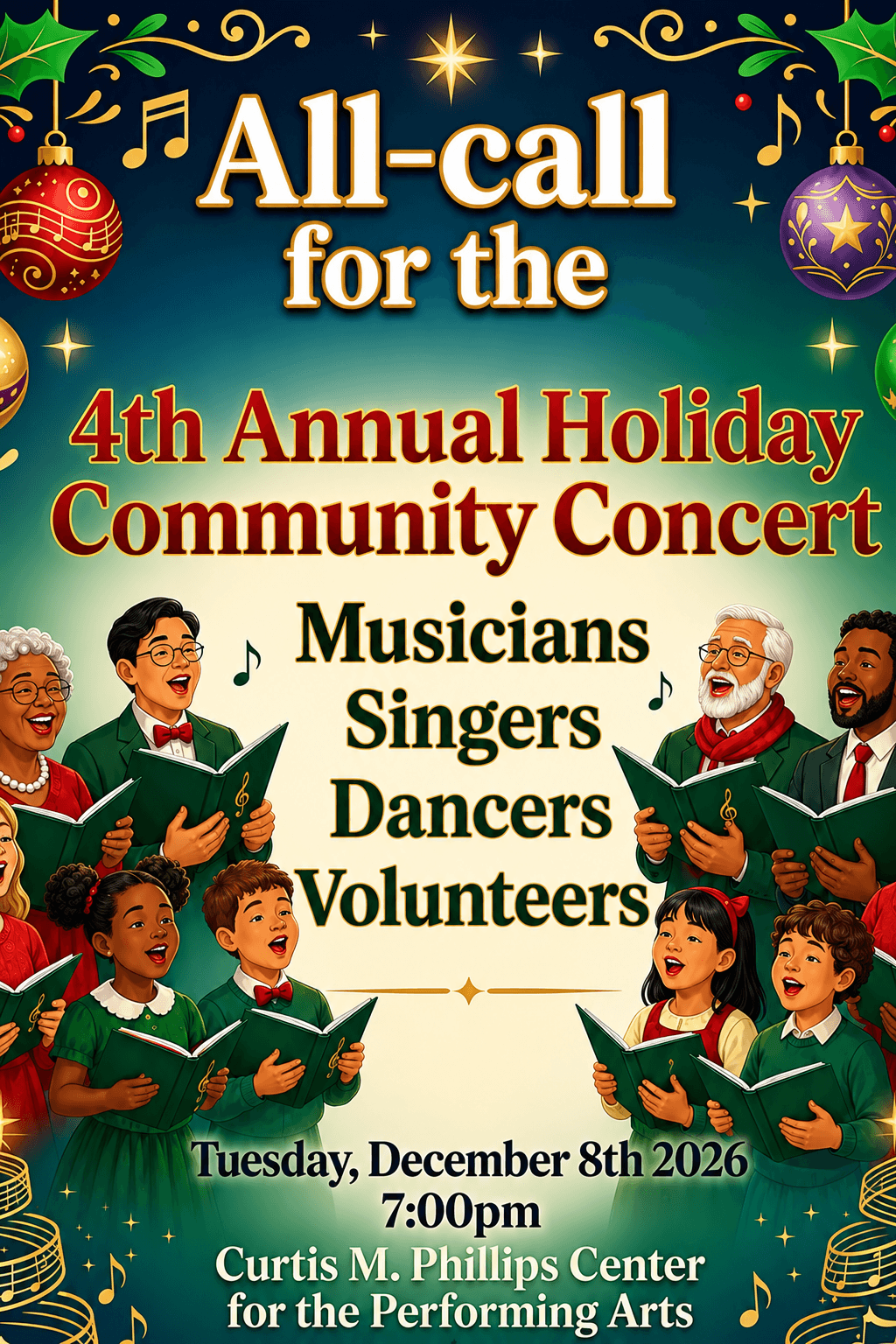 Poster for Kid Singer All-Call for the 4th Annual Holiday Community Concert