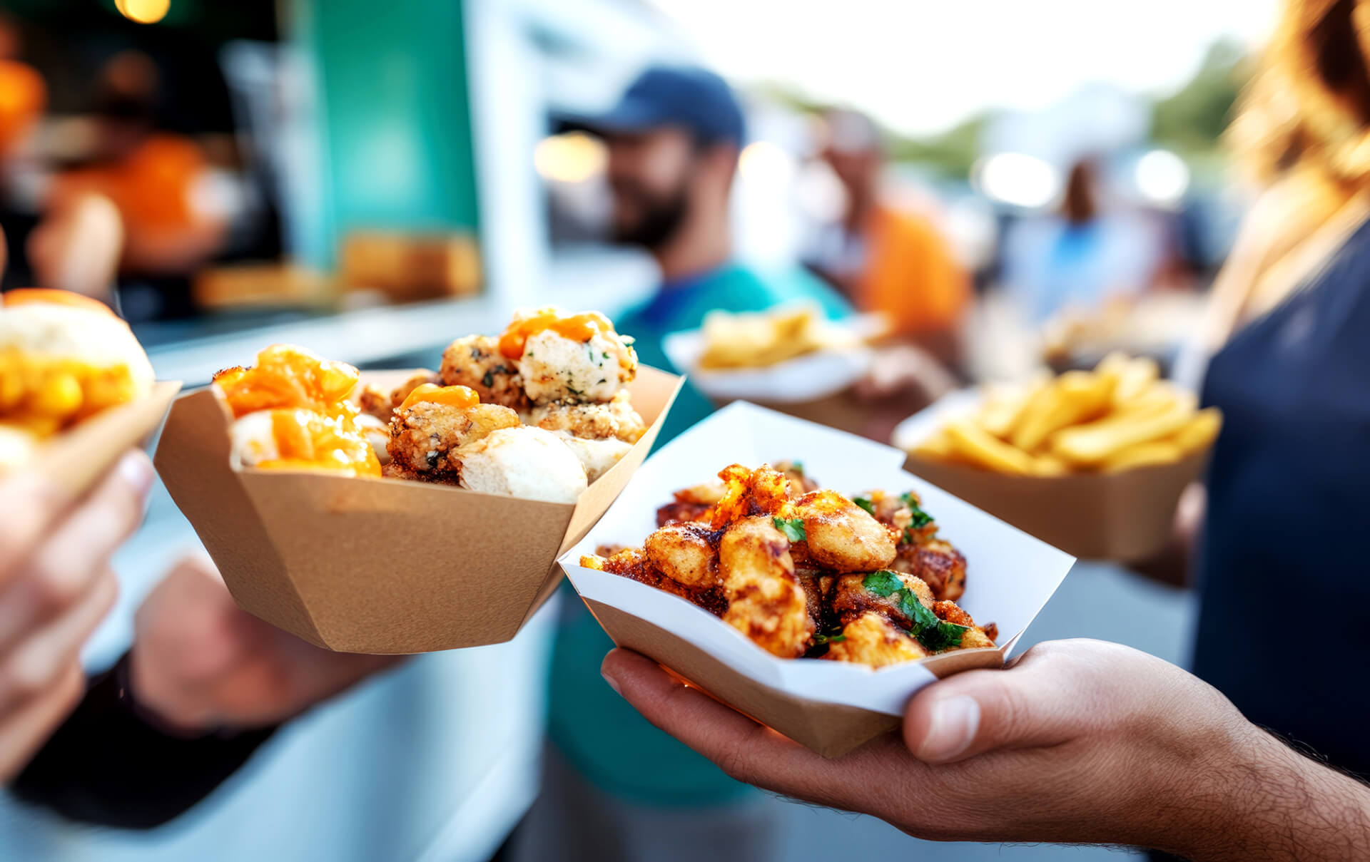 people holding up delicious food from food trucks