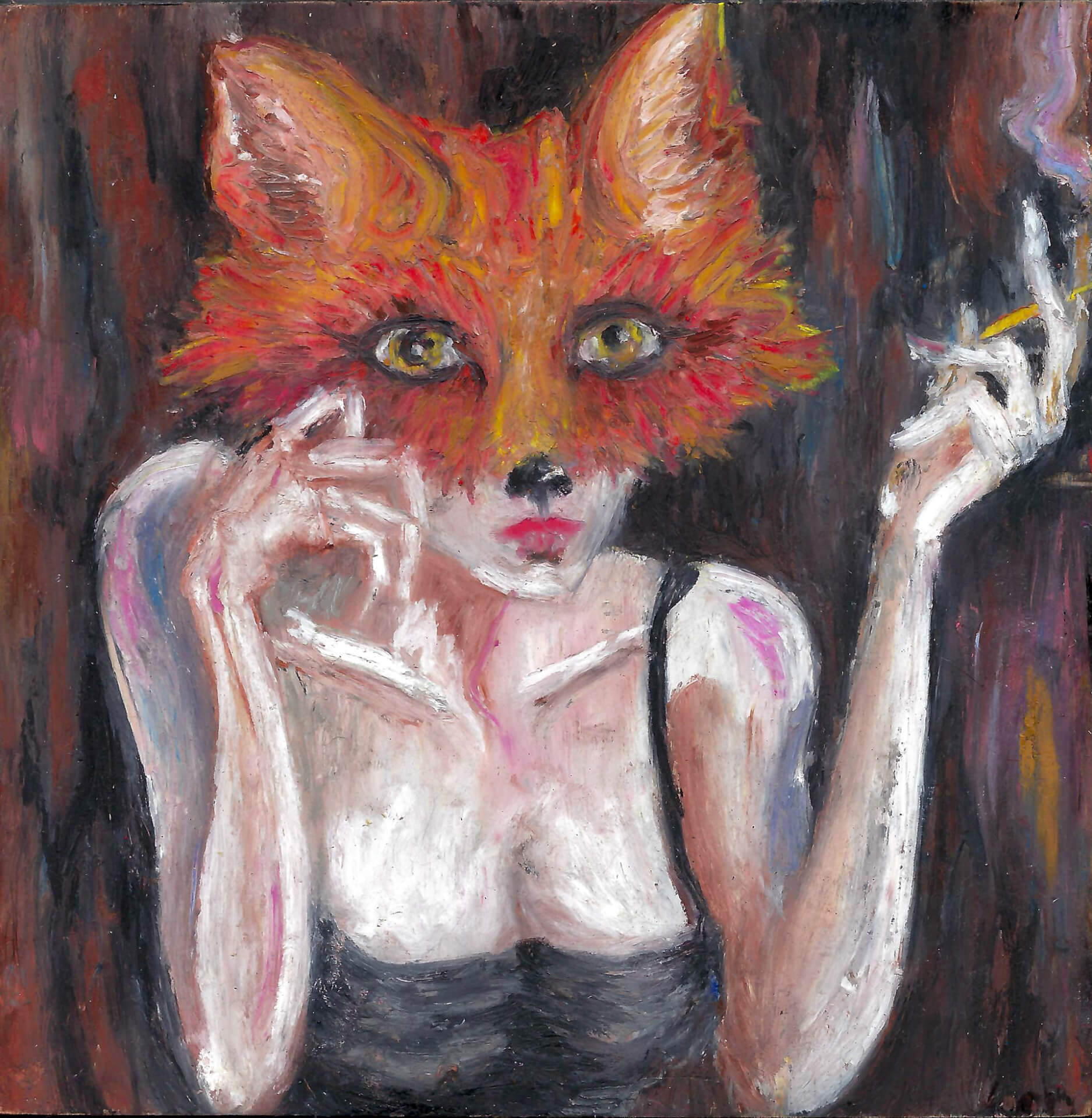 painting of person wearing a fox mask