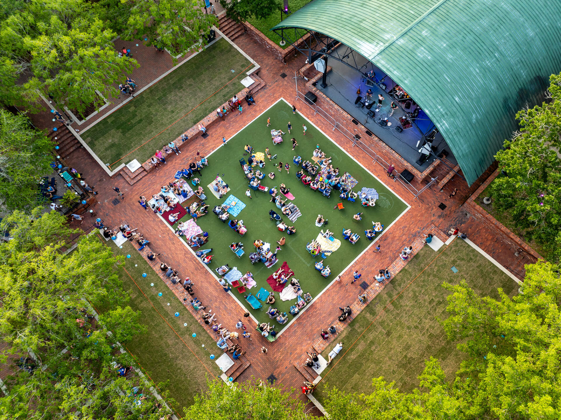 aerial photo of free fridays concert series