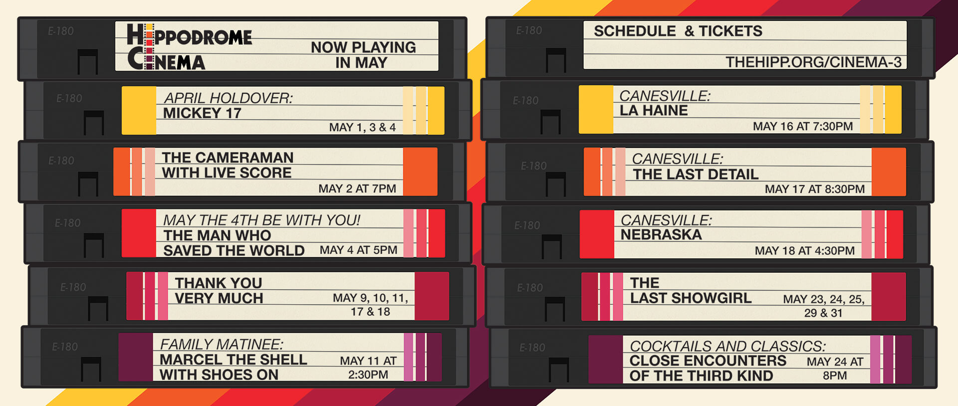 VHS cassettes with the may hippodrome cinema schedule