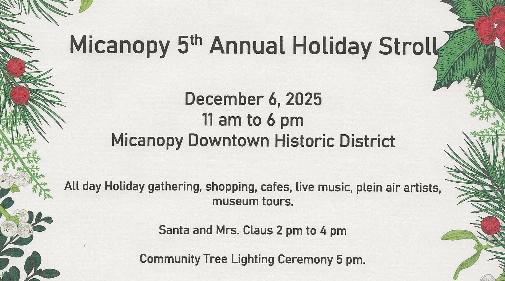 Promotional graphic for the 2025 Micanopy Holiday Stroll