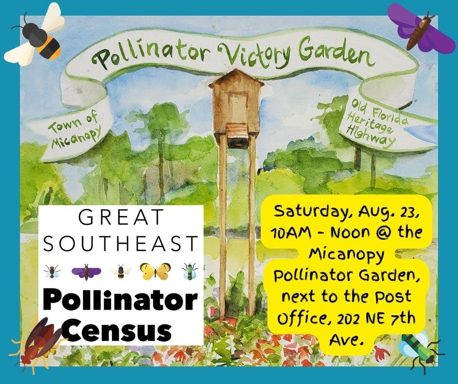 watercolor painting of bat house, plants and pollinators for the great southeast pollinator census in micanopy