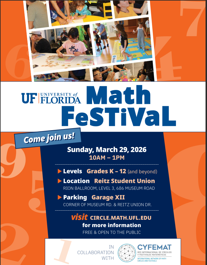 Orange and blue poster featuring images of students, the list of what's going on, and the title Math FeSTiVaL