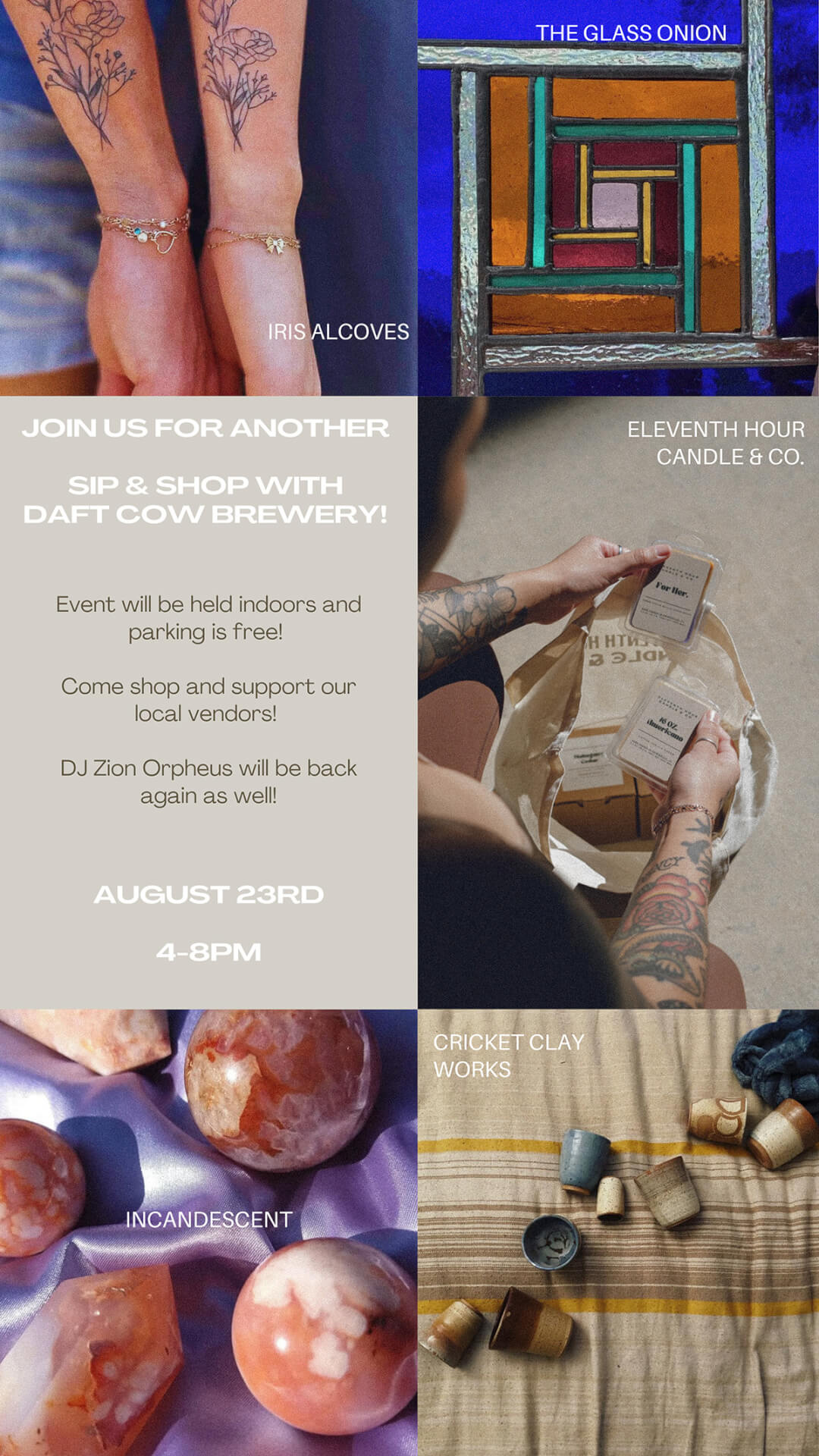 sip and shop poster with montage of vendor offerings