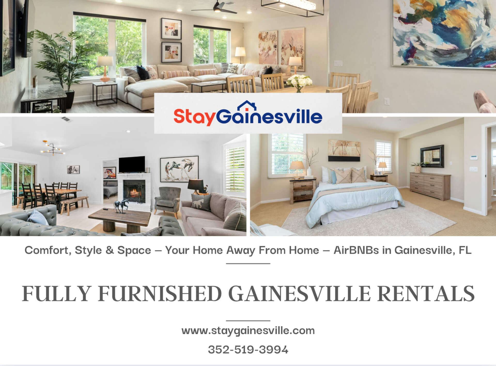 StayGainesville logo with montage of vacation rentals