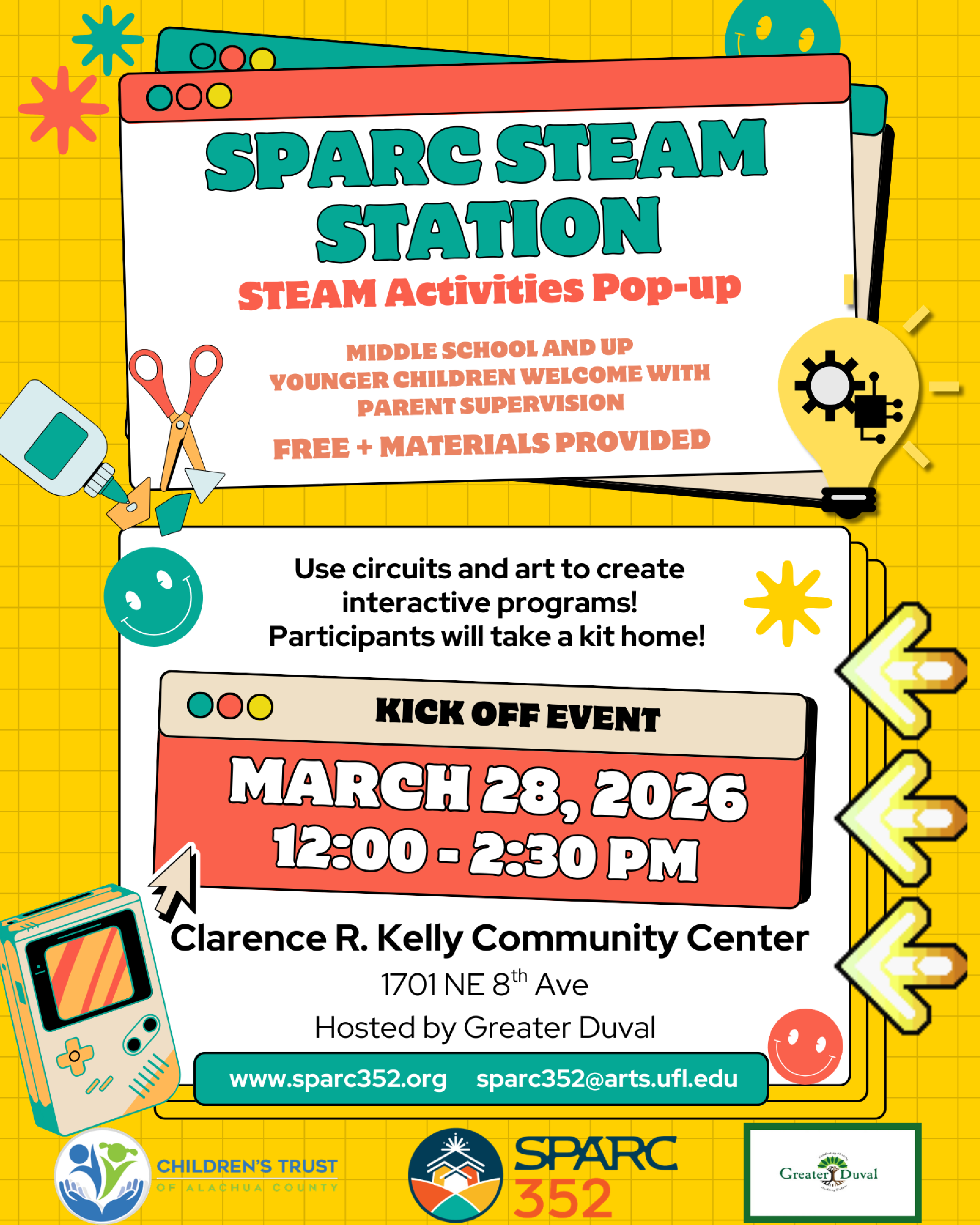 Colorful flyer for SPARC352 pop up STEAM activities event at Clarence R Kelly Saturday March 28th 12-2:30