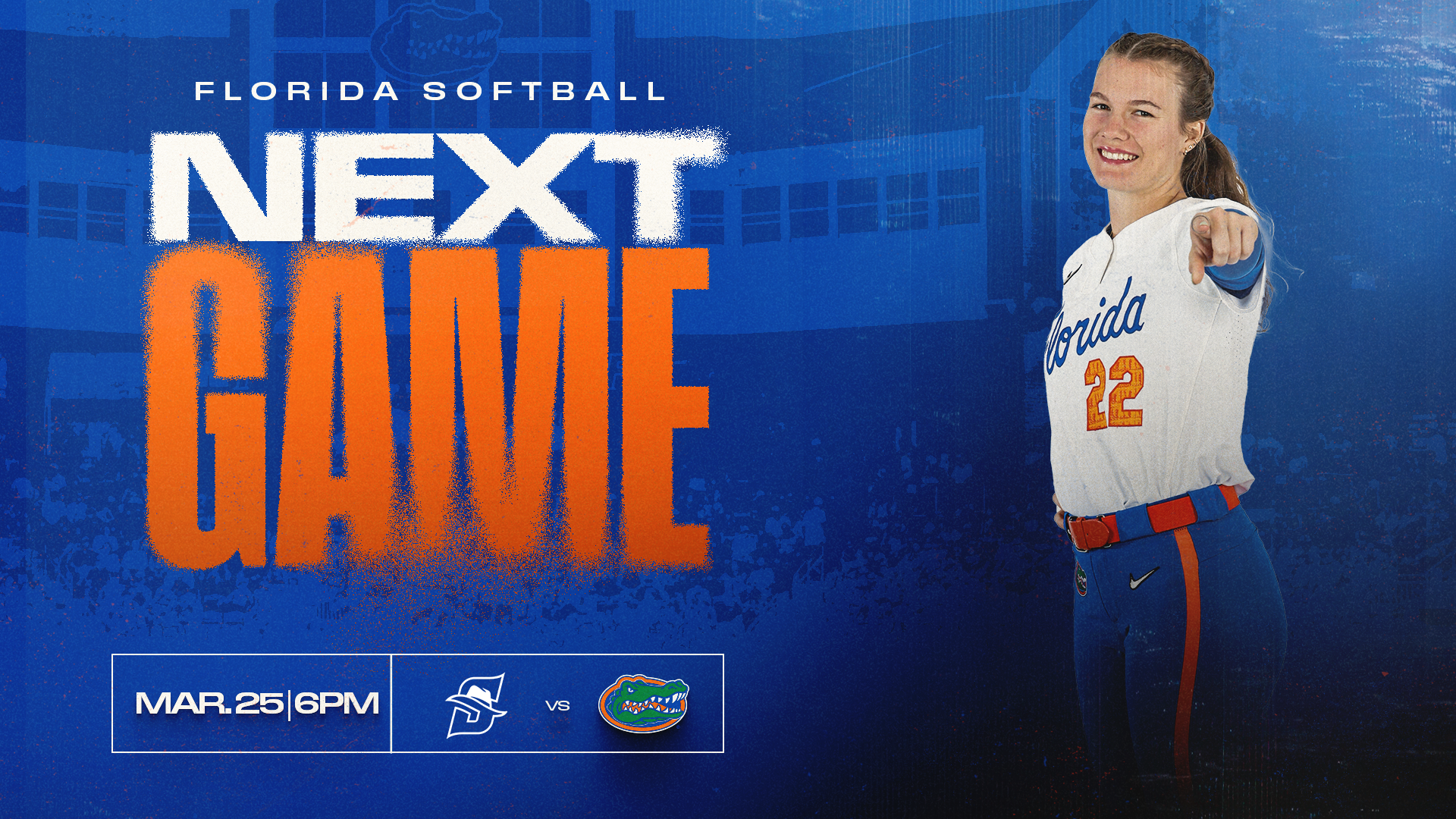 Gator softball player pointing at the camera