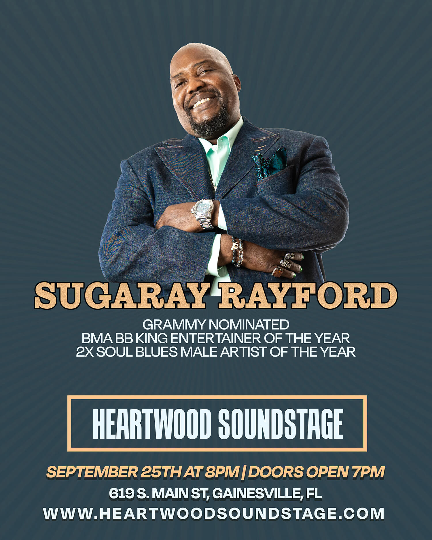 music poster for sugaray rayford at heartwood soundstage