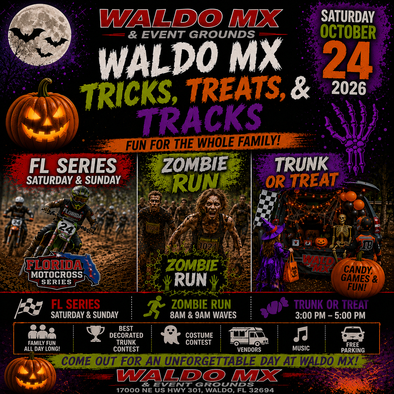 Poster for Tricks, Treats & Tracks Halloween Celebration at Waldo MX