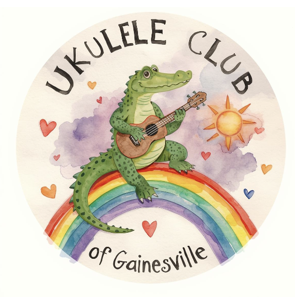 Ukulele Open Mic Gainesville featuring a gator playing a guitar while sitting on a rainbow. In the sky it says Ukulele Club of Gainesville